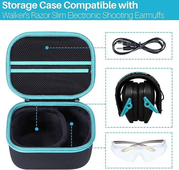 Lebakort Storage Case Compatible with Walkers Razor Slim/Howard Leight Honeywell Impact Sport/PROHEAR 066 030 Electronic Shooting Earmuffs Hearing Protection Muffs (Black + Teal Case)