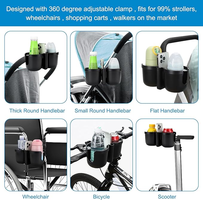 Accmor Stroller Cup Holder with Phone Holder, Bike Cup Holder, Universal Cup Holder for Uppababy Nuna Doona Strollers, 2-in-1 Cup Holder for Walker, Wheelchair, Scooter
