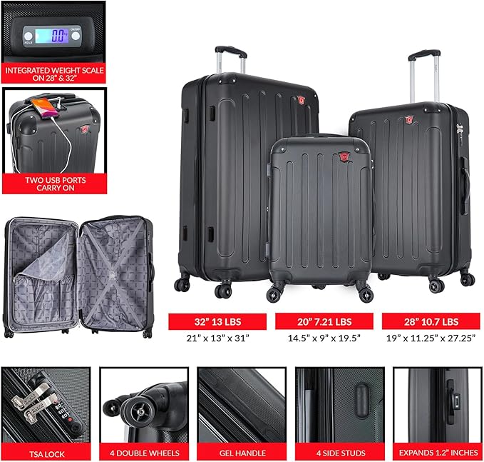 DUKAP INTELY Hardside Luggage Set with Spinner Wheel | Spacious Travel Suitcases with TSA Lock and Ergonomic GEL Handle | 3 Piece Set (20"/28"/32") | Black