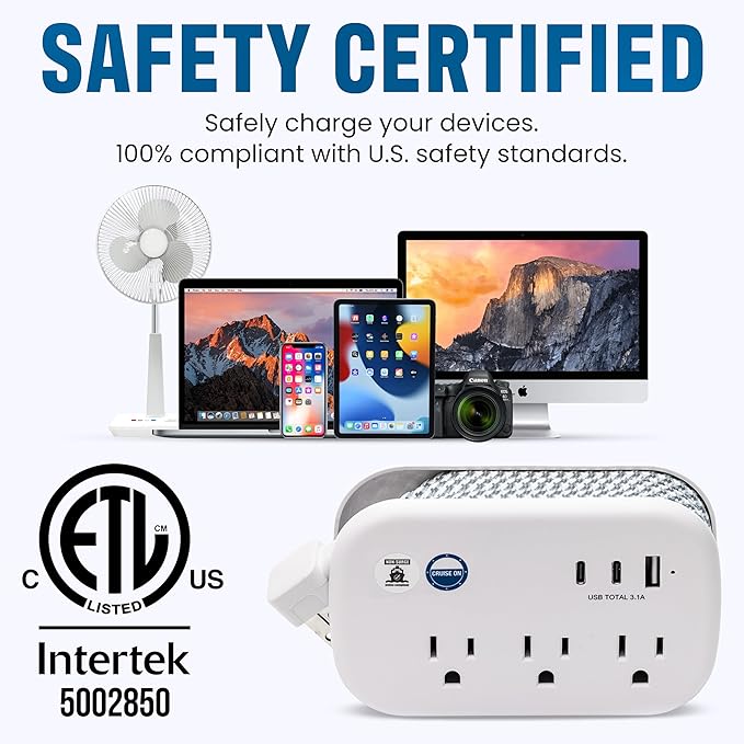 Cruise Approved Power Strip Non Surge Protector - 3.3 ft Wrapped Travel Extension Cord, 2 USB-C, 1 USB, 3 AC Outlet, Cruise Ship Essentials for Carnival, Princess & Major Lines in 2026 & 2027