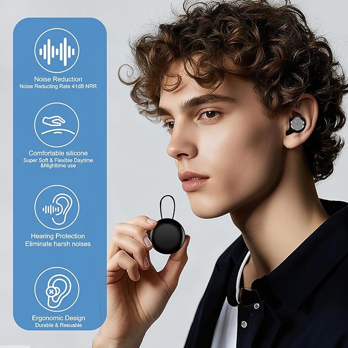 Reusable Silicone Ear Plugs, 41dB NRR Noise Cancelling Earplugs, Washable Soft Noise Reduction Earplugs with Portable Case for Sleeping Snoring Travel Work Study(Black)