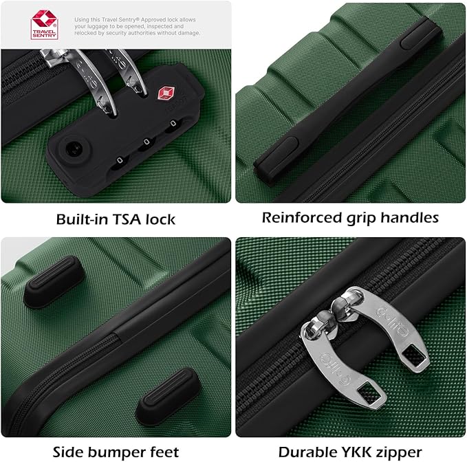Coolife Luggage 3 Piece Set, Lightweight Durable Hardshell Suitcase set with 360° Spinner Wheels, TSA-approved Lock, Checked Family Travel Luggage sets, 20/24/28 Inch, Dark Green