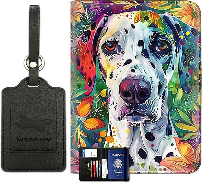 Passport Wallet, Passport Holder with RFID Blocking and Luggage Tag, Waterproof PU Leather Travel Documents Organizer Case, Passport Covers with Card Slot for Women & Men, Dalmatian Dog Floral