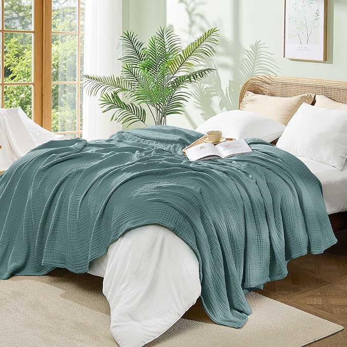 BEDELITE 100% Cotton Muslin Blankets for Adults - 4-Layer King Size Breathable and Lightweight Gauze Blanket for Couch, Bed, Travel and Summer, Soft & Cozy Gift for Women, Teal, 108"x90"