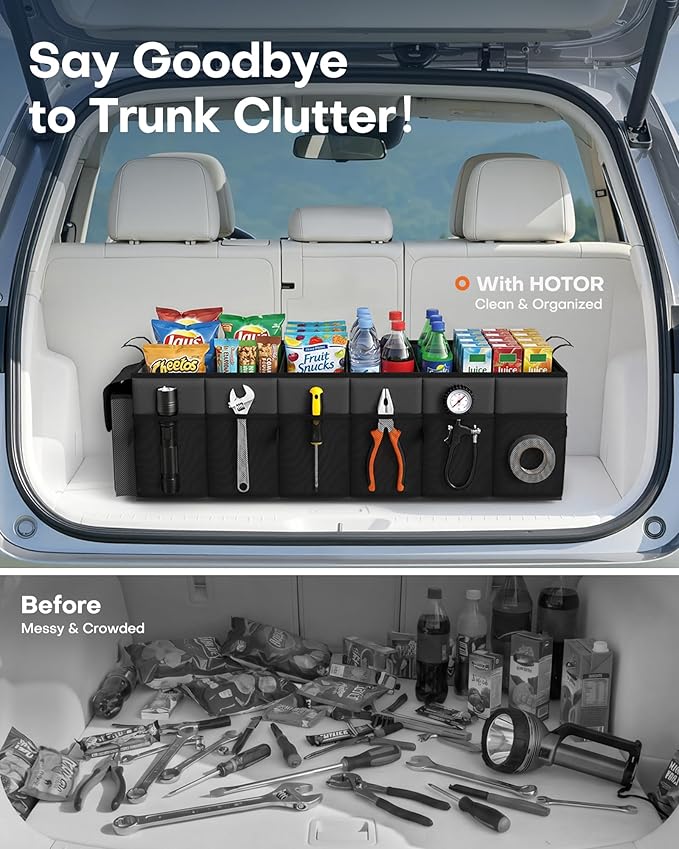 HOTOR Trunk Organizer for Car & SUV, Sturdy Car Organizer with Removable Cooler, Large Foldable Trunk Organizer with Cooler, 3 Compartments, Adjustable Straps, Black, 35.43”×14.17“×10.63”