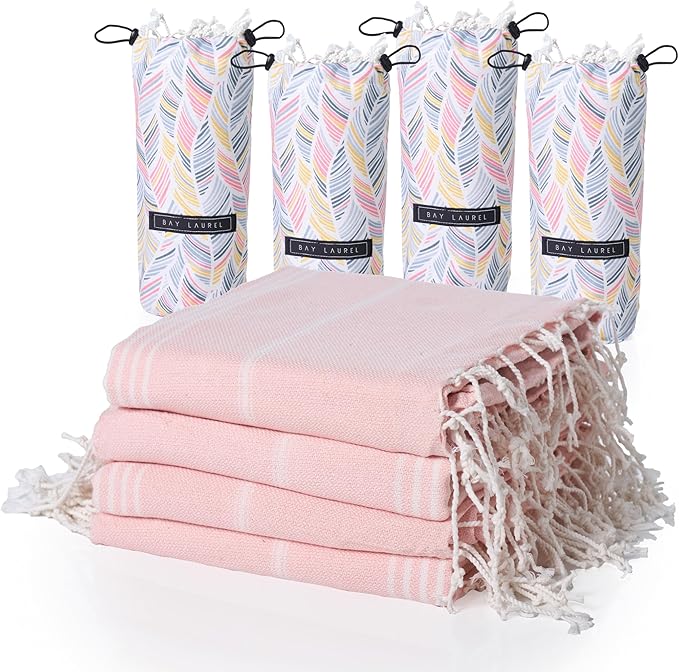 BAY LAUREL 4-Pack Oversized Turkish Beach Towels – Quick Dry, Sand Free Towels with Travel Bags, 39"x71", Lightweight (Pack of 4 - Blush with Floral Bag)