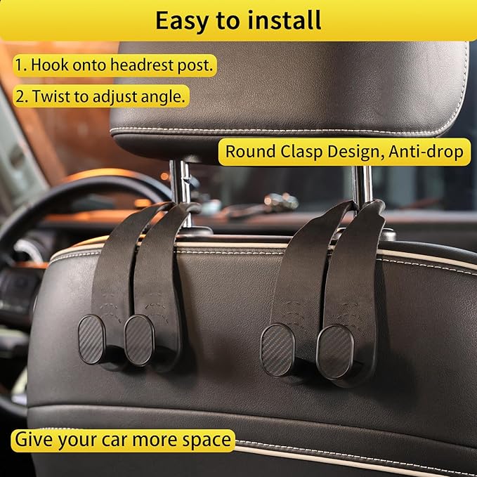 WEIHAO Purse Hook for Car Headrest, Silicone Car Seat Back Storage Hook, Twin Hooks Carbon Fiber Textured Car Headrest Hangers, Bag Holder for Sedan, Trucks, SUVs, Most Vehicles (Black-4PCS)
