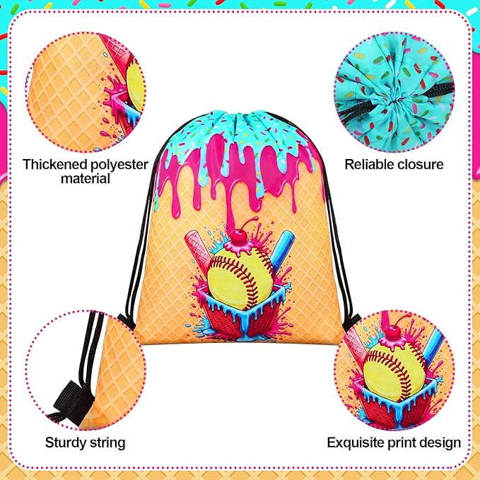 Woanger 24 Pcs Ice Cream Drip Softball Drawstring Bags Bulk 11.81x9.84 Inch Sport Party Favor Backpacks Softball Gift Bags Waterproof Lightweight String Cinch Backpacks for Travel Camp Party