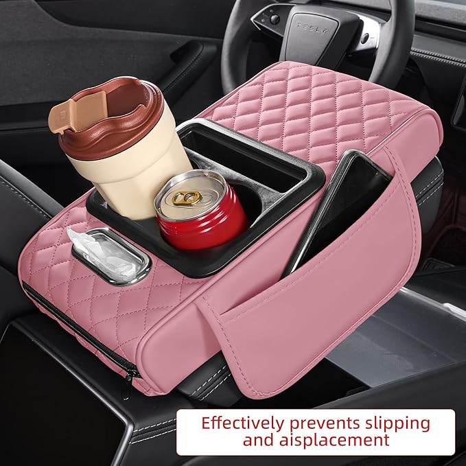 5 in 1 Car Center Console Cover, Armrest Pad with 2 Storage Pockets, Cup Holder, Tissue Slot, Phone Holder, Nappa Leather Memory Foam Car Accessories for SUV Sedan Truck (Pink)