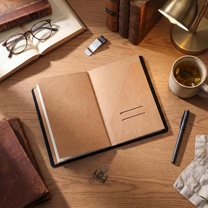 Thenshop Travelers Refillable Leather Journal Notebook Travel Diary Handmade Passport Travelers Journal for Men and Women with 3 Notebook Inserts, Pen Holder, Binder Clip(Black,A5 Size)