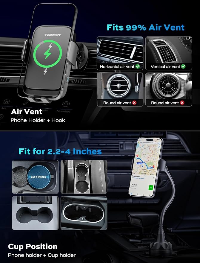 Dual Coil Cup Phone Mount Wireless Charger, Universal Cell Phone Holder, Cup Holder 15W Fast Charging for iPhone 17 16 Pro Max, Samsung Galaxy - Black