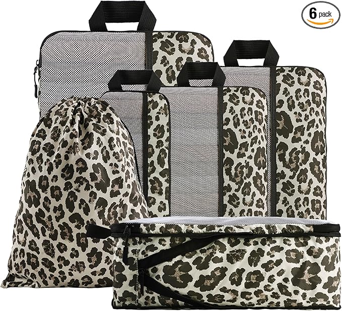 U+U 6 Set Compression Packing Cubes - Travel Organizers with Laundry Bag, Space-Saving Suitcase Organizer, Expandable Packing Organizers for Travel Essentials (Leopard)