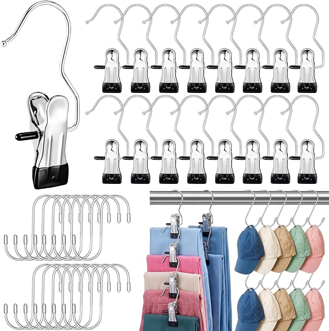 Moxweyeni 32 Pcs Hook 16 Boot Hanger Clips 16 S Hooks Non Slip Rubber Laundry Hanging Hooks Clothes Pins for Closet Organizer Bulk Hanger Clips for Travel Pants Socks Jeans Towels Handbags