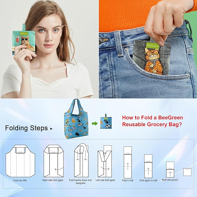 BeeGreen Cat Reusable Shopping Bags Cute Grocery Bag 6 Pack, Christmas Gift Bags Heavy-Duty Foldable Shopping Totes for Supermarket, Work & Travel, Large Washable Polyester Tote Bag with Handles