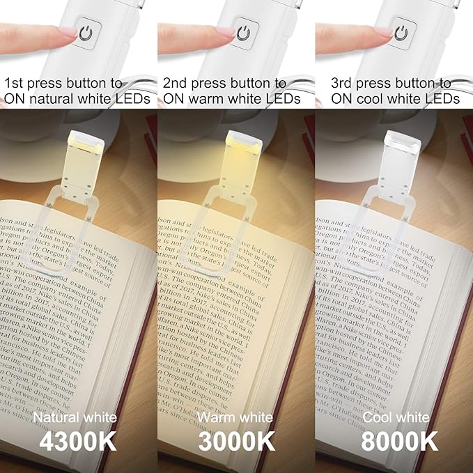 HONWELL Rechargeable Clip On LED Book Light, 3 Brightness Levels Dimmable Bookmark Light for Eye-Protection, Portable Reading Lamp for Bookworms, Travel (White)