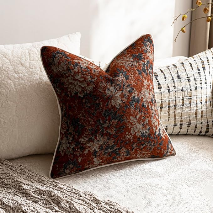 DEZENE Pack of 2 Vintage Floral Throw Pillow Covers 16x16 Boho Farmhouse Accents Chenille Square Decorative Pillow Cases for Living Room Couch Bed Home Decor, Rust