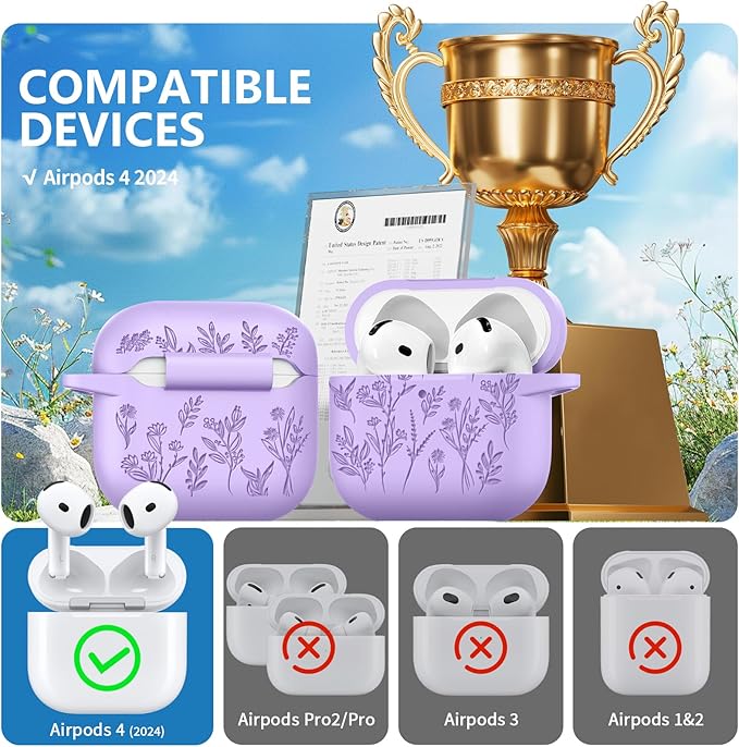 for Airpods 4 Case, Ekoonpft Flower Engraved Cases for Apple AirPods 4th Generation 2024, Soft Silicone Cover for Women Girly with 3-in-1 Cleaner Kit, Keychain, Military Grade Protection