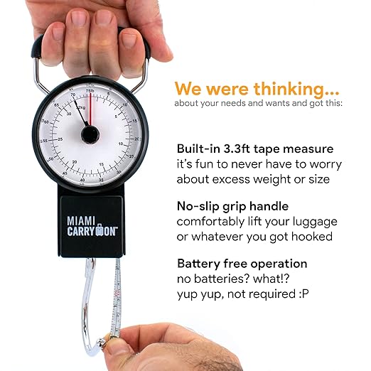 Mechanical Luggage Scale with Tape Measure, Up to 75 Pounds (Orange) - Lift Slowly