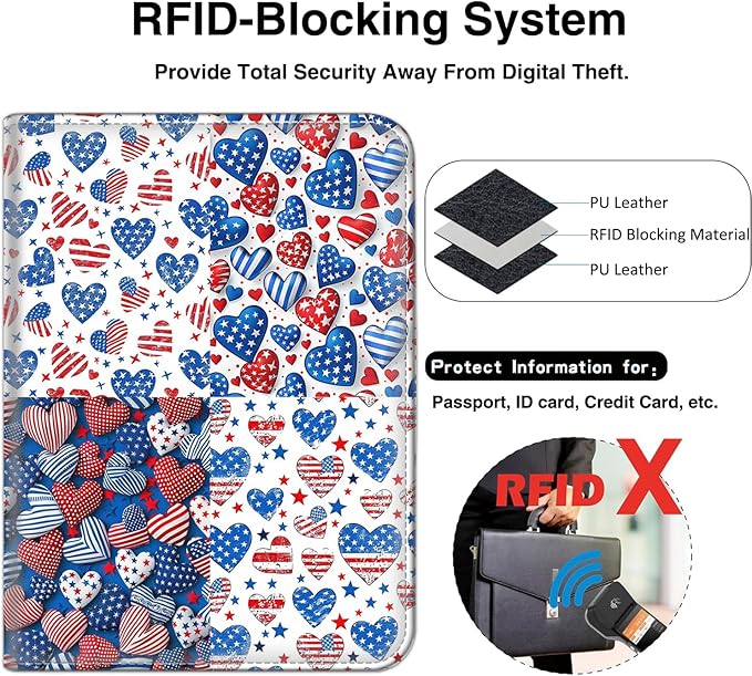 Passport Wallet, Passport Holder with RFID Blocking and Luggage Tag, Waterproof PU Leather Travel Documents Organizer Case, Passport Covers with Card Slot for Women & Men, Patriotic Americana Hearts