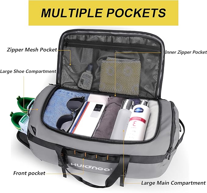 Hulongo 40L/60L/90L Large Waterproof Duffle Bag Backpack for Men, Mens Duffel Backpack Bags for Traveling, Heavy Duty (Grey, 40L)
