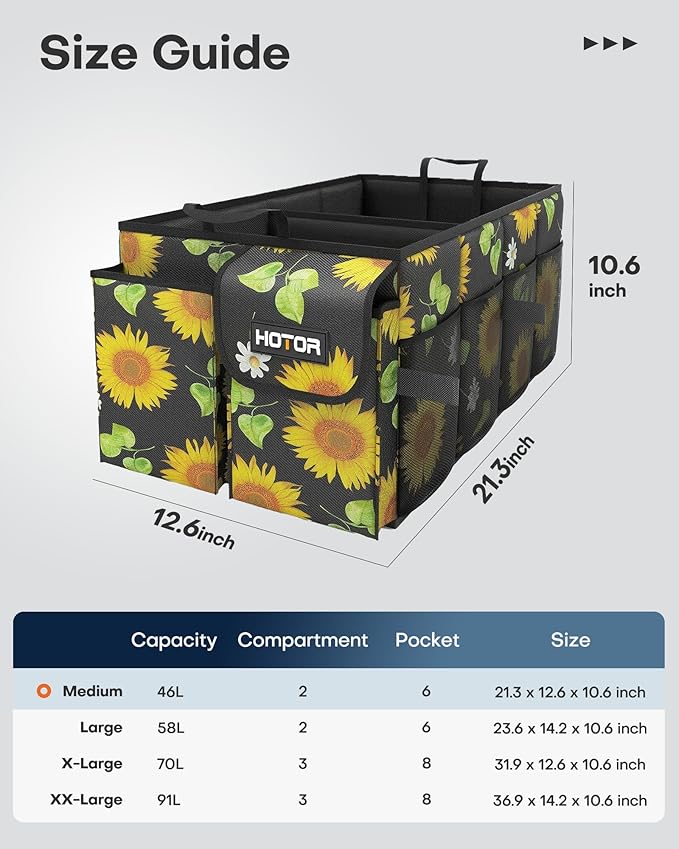 HOTOR Trunk Organizer - Car Organizer, Foldable Trunk organizer for SUVs & Sedans, Sturdy Car Organization for Car Accessories, Tools, Sundries, Sunflower, 2 Compartments, 21.3"×12.6"×10.6"