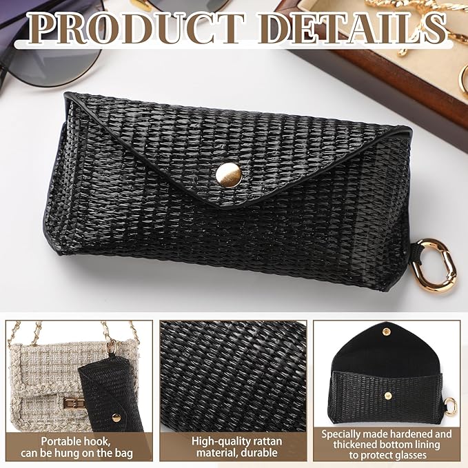 Leinuosen Woven Straw Sunglasses Case with Clip, Hard Shell Boho Rattan Pouch, Portable Travel Beach Accessory for Women Girl