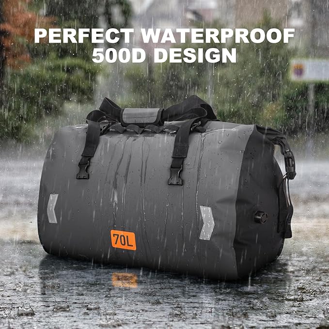 OCKLILY Waterproof Dry Bag, 70L Roll-top Motorcycle Tail Bag with Air Valve & Quick-fixed Straps, Travel Duffle Bags for Kayaking Paddle Boarding Rafting Boating Camping Riding Fishing - Grey