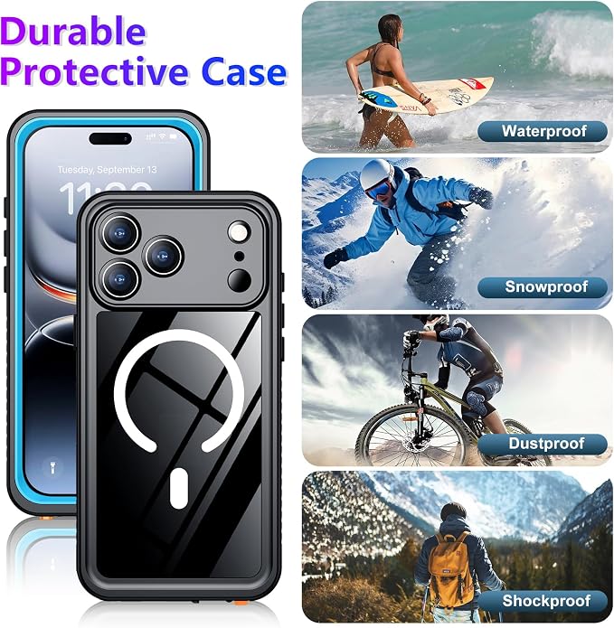 Magnetic Compatible with iPhone 17 Pro Case,Waterproof Built-in Screen & Camera Protector IP68 Underwater Full Body 17FT Military Dropproof Shockproof Phone Case 6.3"-Mag/Blue