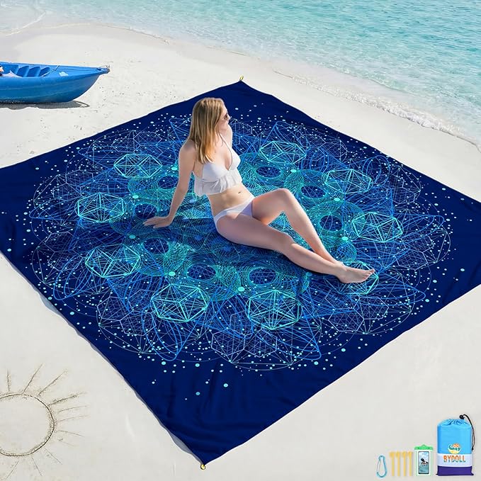 BYDOLL Beach Blanket Waterproof Sandproof Large Sand Free,78''X81''/10'X9' Oversized Sandless Lightweight Blanket Picnic Mat for Beach Travel Camping Hiking with Stakes