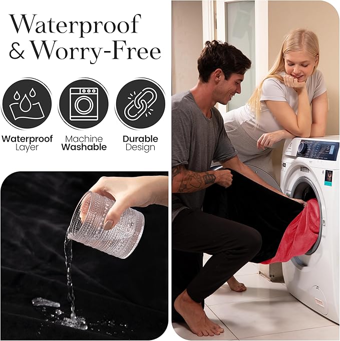 Waterproof Blanket for Bed (82"x 82" King Size) Reversible Plush Fleece, Moisture Absorbent TPU Layer Stain Proof Couch Bed Mattress Water Proof Cover Red/Black