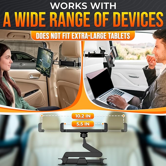 Car Headrest Tablet Holder for 5.5"-11" Devices - Tablet Headrest Mount with 360° Rotation & Charging Port Access - Quick Install & Adjustable Car Tablet Holder Сompatible with Smartphones and Tablets