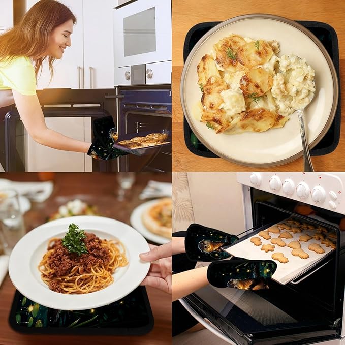 Otter and Fireflies Pot Holders with Pockets 2 PCS, Heat Resistant Oven Mitts Hot Pads for Kitchen Baking Cooking, Square Thick Pot Holders Kitchen Hot Potholders, 8.5x10 Inches
