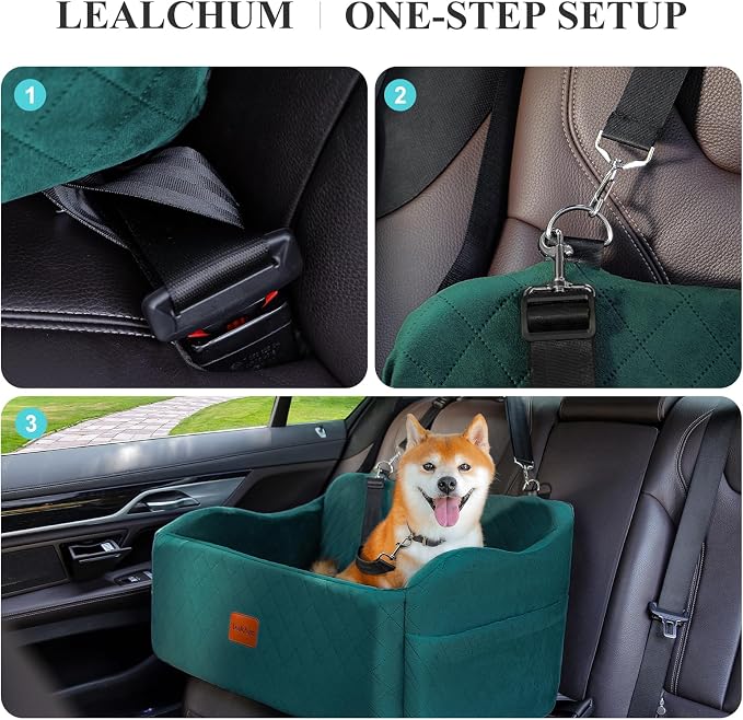 Lealchum Dog Car Seat for Medium/Large Dogs,2 Clip-On Safety Leashs for 2 Small Dogs,Removable and Washable Comfy Pet Car Seat,Easy to Install and Clean (Green, Large)
