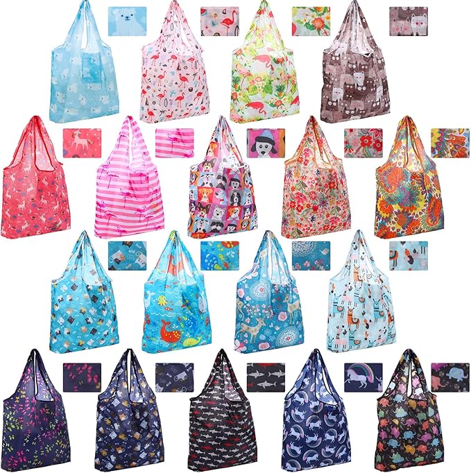 Weewooday 18 Pieces Foldable Reusable Shopping Bags Machine Washable Grocery Bags Waterproof
