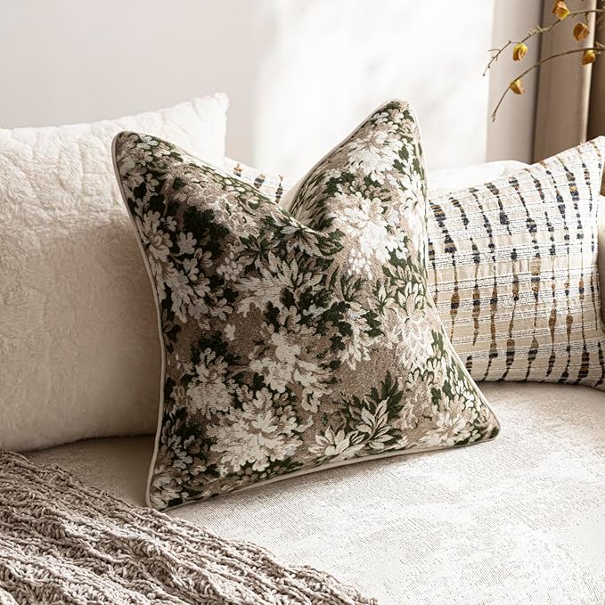 DEZENE Pack of 2 Vintage Floral Throw Pillow Covers 20x20 Boho Farmhouse Accents Chenille Square Decorative Pillow Cases for Living Room Couch Bed Home Decor, Green and Taupe
