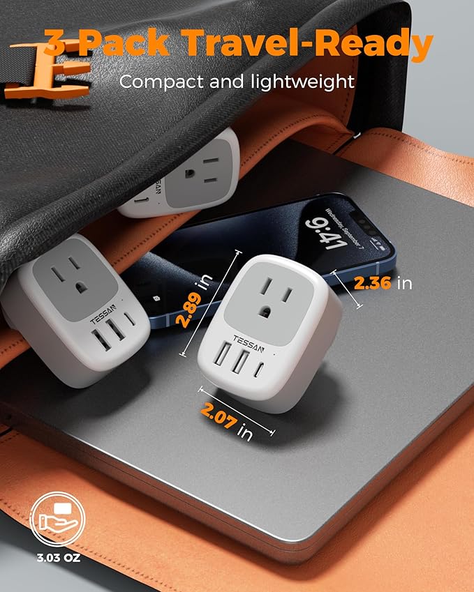 Australia New Zealand Power Adapter 3 Pack, TESSAN Type I Travel Adaptor with 3 USB Charger (1 USB C Port) for US to Australian Argentina China Fiji Cook Islands