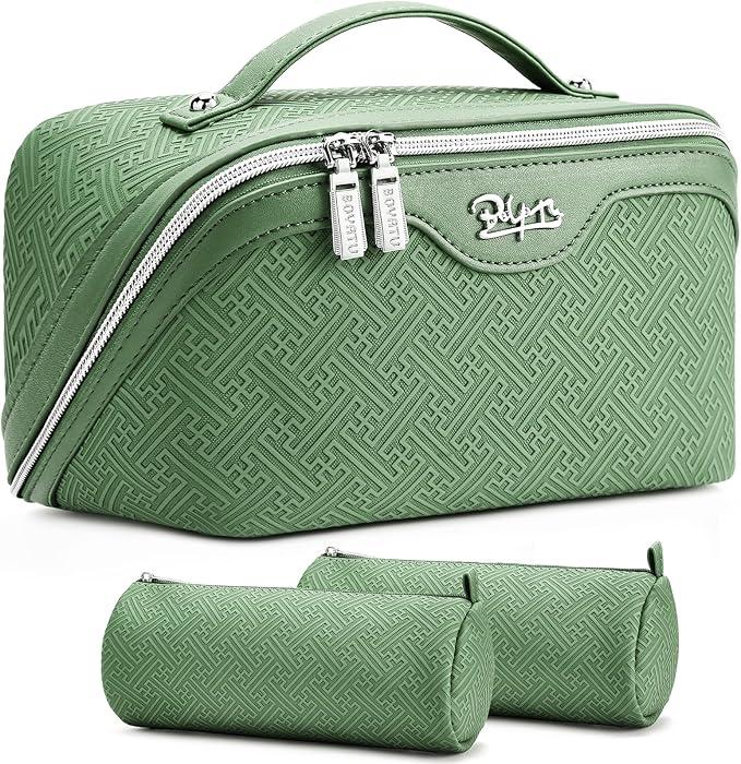 BOYATU Travel Makeup Bags for Women: Vintage Roman Column Texture Large Capacity Cosmetic Bag - Each Journey, Quiet Luxury Serenity - 3 Pcs Set Organizer Toiletry Purse 50% Extra Storage(Green)