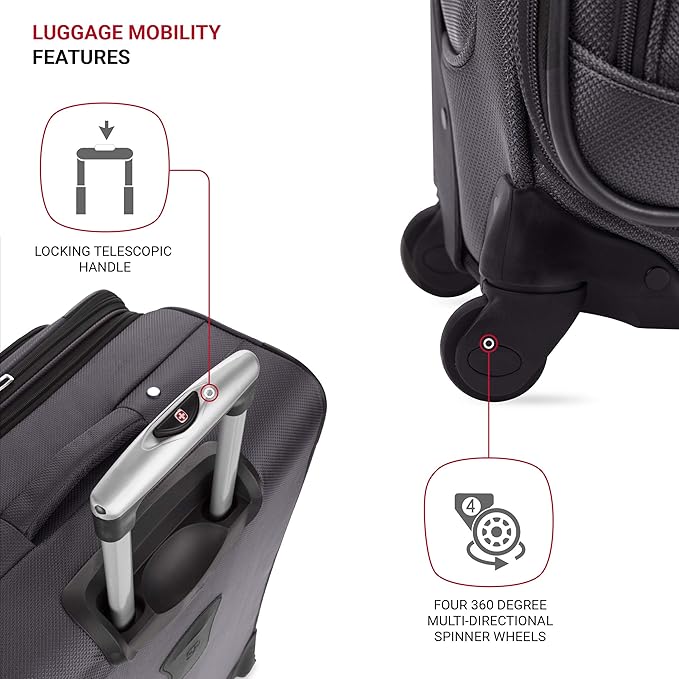 SWISSGEAR Sion Softside Expandable Spinner Luggage Durable Lightweight Travel Suitcase, Dark Grey, Carry-On