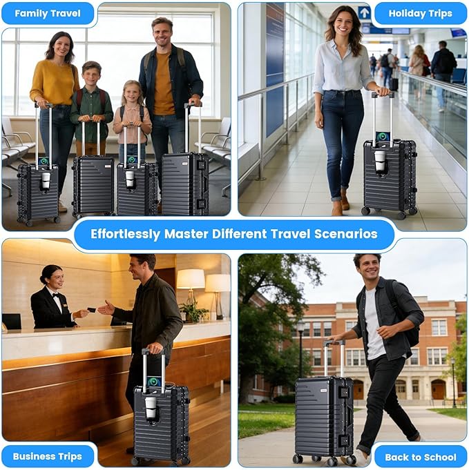 28 Inch Large Checked Luggage with Cup Holder, Aluminum Frame PC Hard Shell Suitcase, 360° Spinner Wheels, TSA Lock for Short Trips and Business Travel