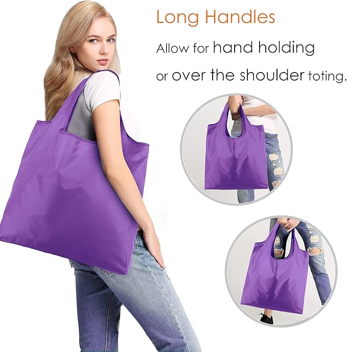 BeeGreen Purple Reusable Grocery Bags Wholesale Purple Reusable Kitchen Bags Bulk Foldable-Machine Washable with Zipper Storage Pouch 10 Packs
