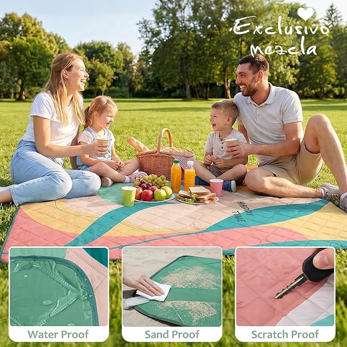 Exclusivo Mezcla Extra Large Waterproof Picnic Blankets 3 Layer, Sandproof and Foldable Outdoor Blanket for Beach Camping, Park and Travel