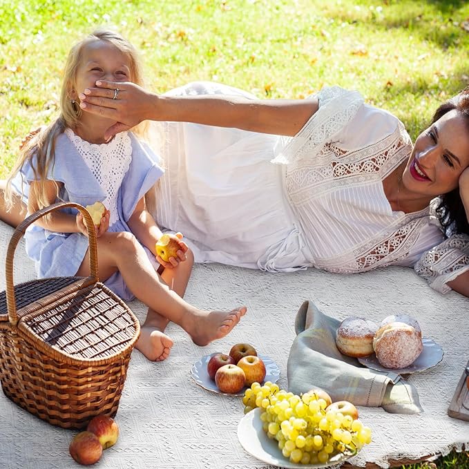 VitalCozy Waterproof Picnic Blankets 71×71 inch Outdoor Blanket Foldable 2 in 1 Double Layer Sandproof Beach Mat with Carry Strap for Camping Lawn Park Beach Grass(White)