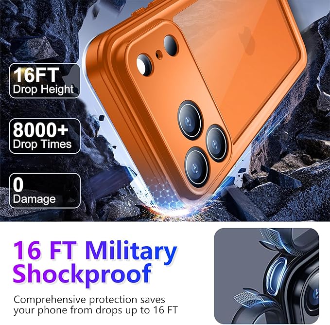 Compatible with iPhone 17 Pro Max Case,Waterproof Built-in Screen & Camera Protector IP68 Underwater Full Body 17FT Military Dropproof Shockproof Phone Case 6.9"-Orange/Clear