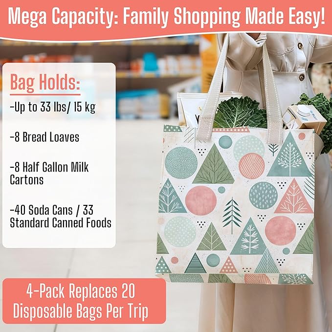 VENO 4 Pack Reusable Grocery Bags, Heavy-Duty Shopping Bags with Handles, for Shopping Cart with Hard Bottom to Stand Upright, Foldable (Pastel Forest, 4 Pack)