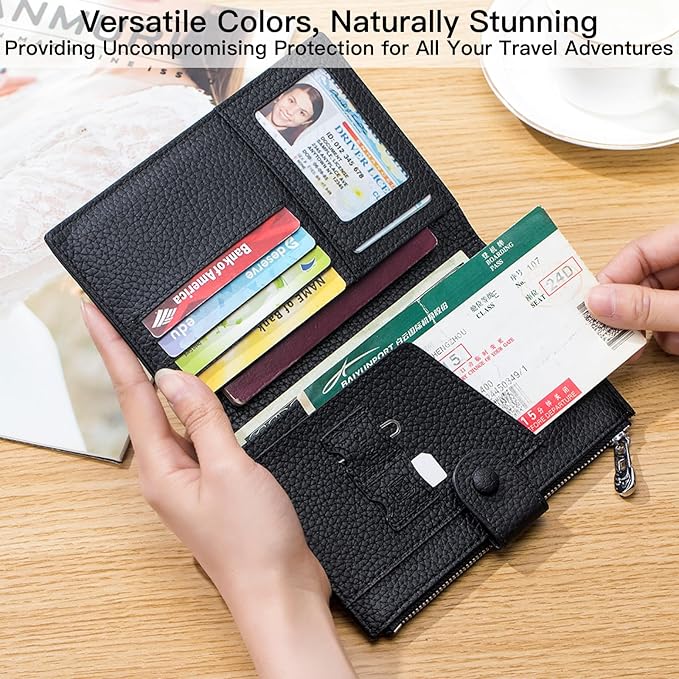 Genuine Leather RFID Blocking Passport Holder Wallet, Multi-Functional Travel Document Organizer with SIM Card Slots (Blue)