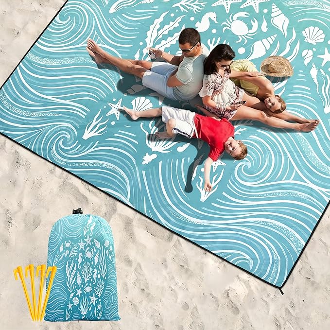 WIWIGO Beach Blanket Waterproof Sandproof Beach Mat 79" X 83"/10'x9'for 2-8 Adults Quick Drying Outdoor Picnic Mat Beach Accessories for Travel, Camping, Hiking