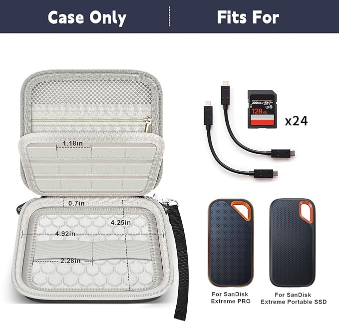 PAIYULE Case Compatible with SanDisk Extreme new and Old Model/Extreme PRO Portable SSD 500GB 1TB 2TB 4TB 8TB, Hard Travel Storage Case Holds 2 SSDs, 12 SD Card Slots, Cable Organizer, Grey
