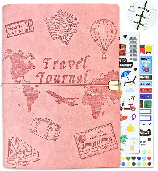 Travel Journal for Women Men and Couples, Leather Travel Notebook with Prompts, Travel Memory Book & Adventure Book (Pink)