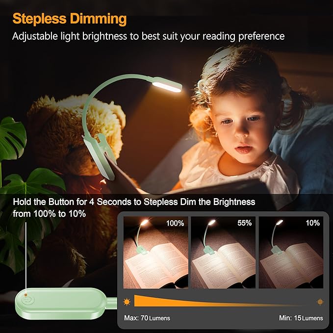 Gritin 16 LED Rechargeable Book Light for Reading in Bed- Eye Caring 3 Color Temperatures, Stepless Dimming Brightness, 80 Hrs Runtime, Lightweight Flexible Clip on Light for Book Lovers-Cyan
