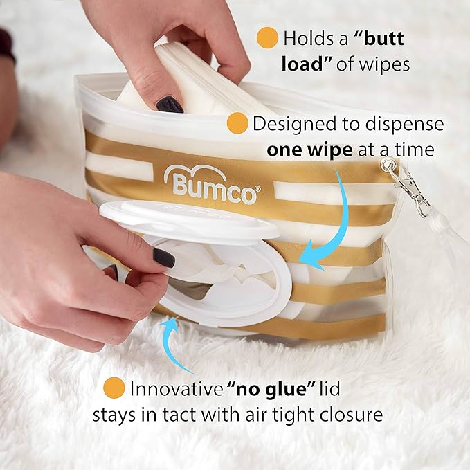 Bumco Diaper Bag Wet Wipes Dispenser, Reusable Refillable Pouch, Organizer for Travel, Carrying Clutch, Unique Baby Gift for Girl/Boy, (Gold & Black)